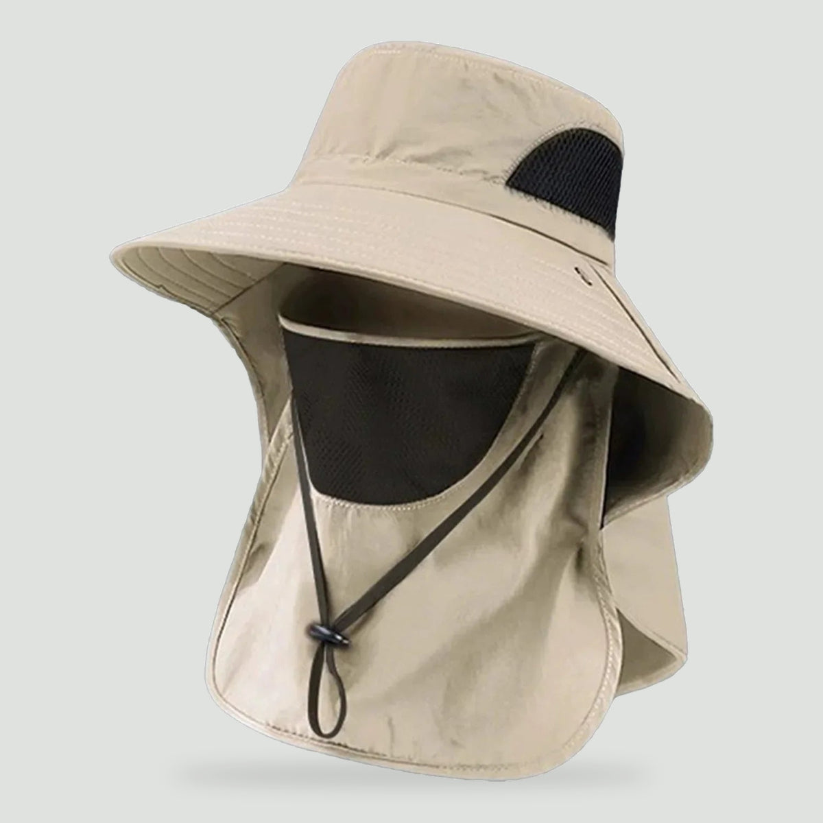 Fishing hat in Khaki with wide brim, mesh face cover and neck flap