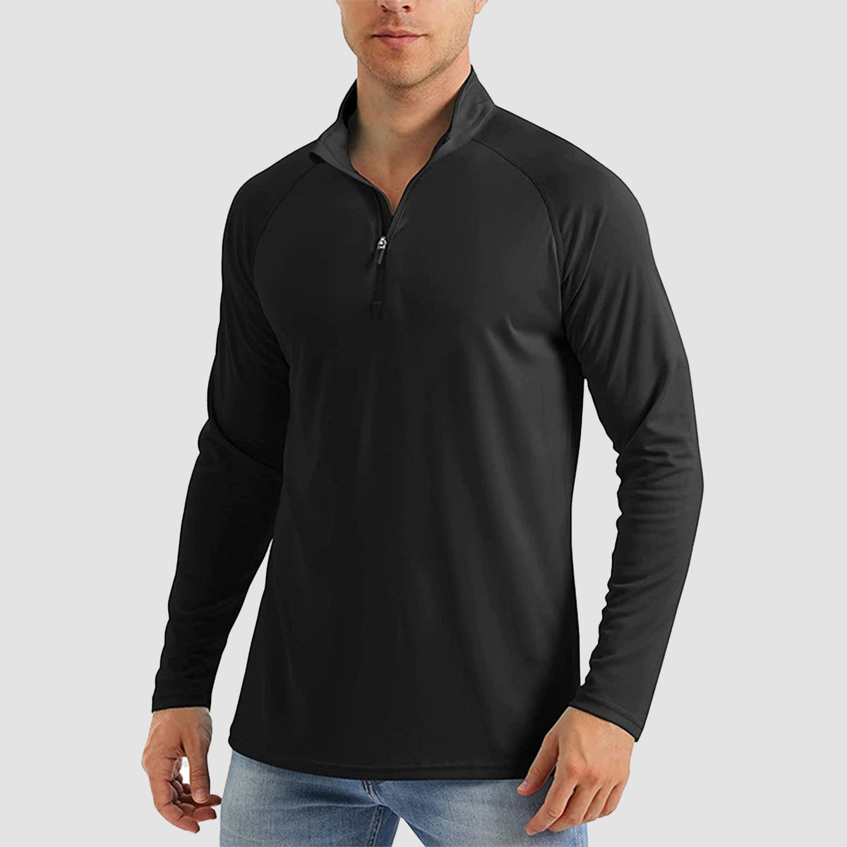 Men's quarter zip fishing shirt in Black, front view