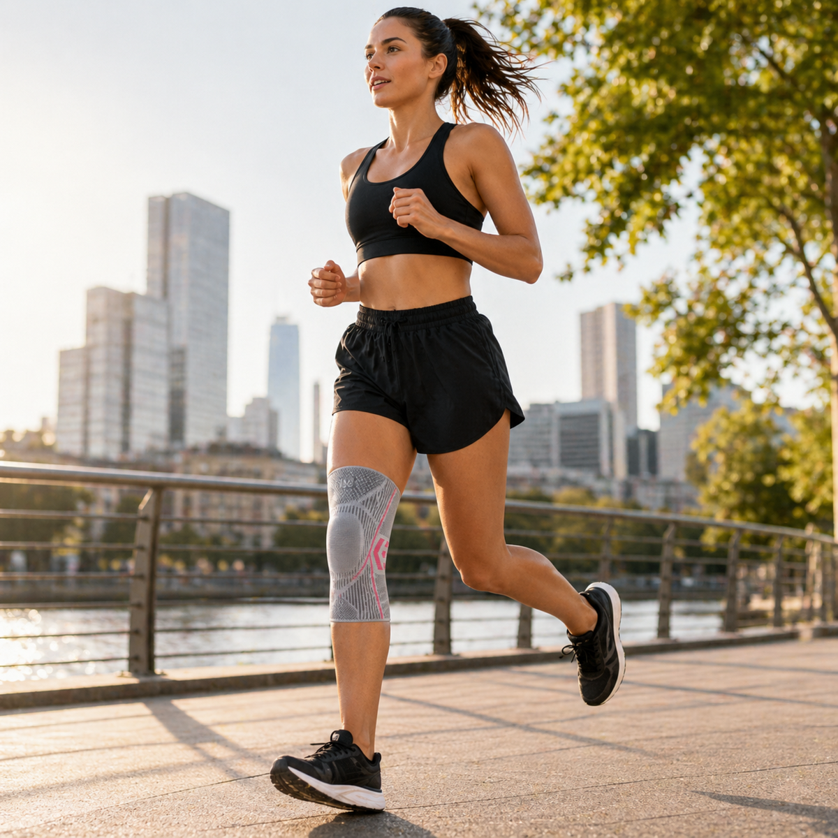 Woman running by the river wearing the knee sleeve in Grey
