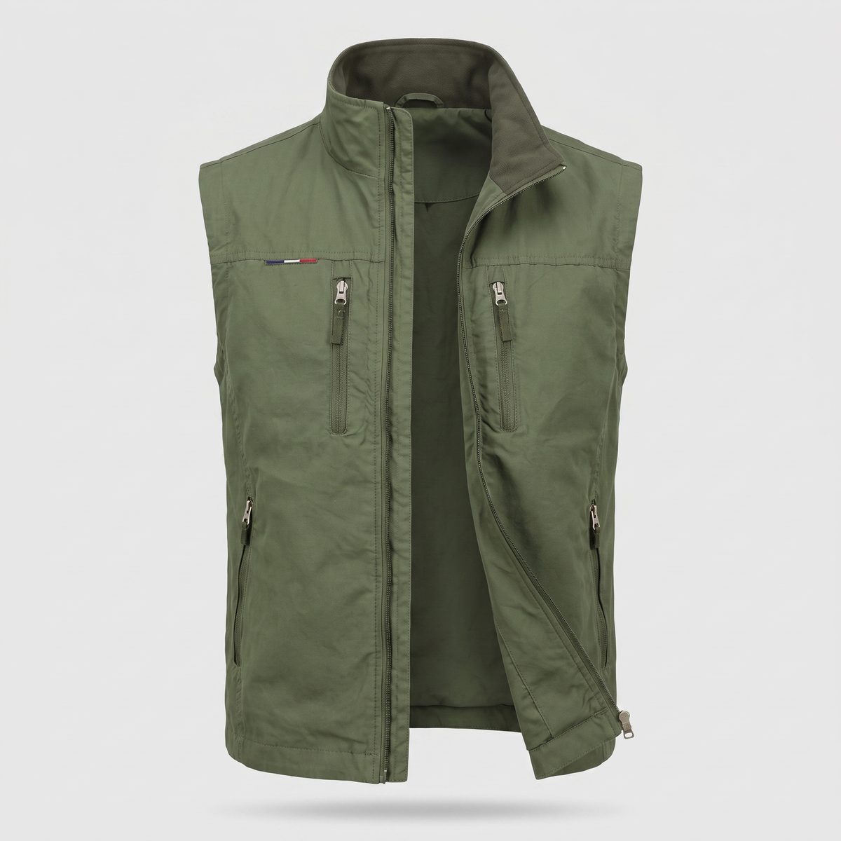 Men's lightweight outdoor vest in green, ghost mannequin front