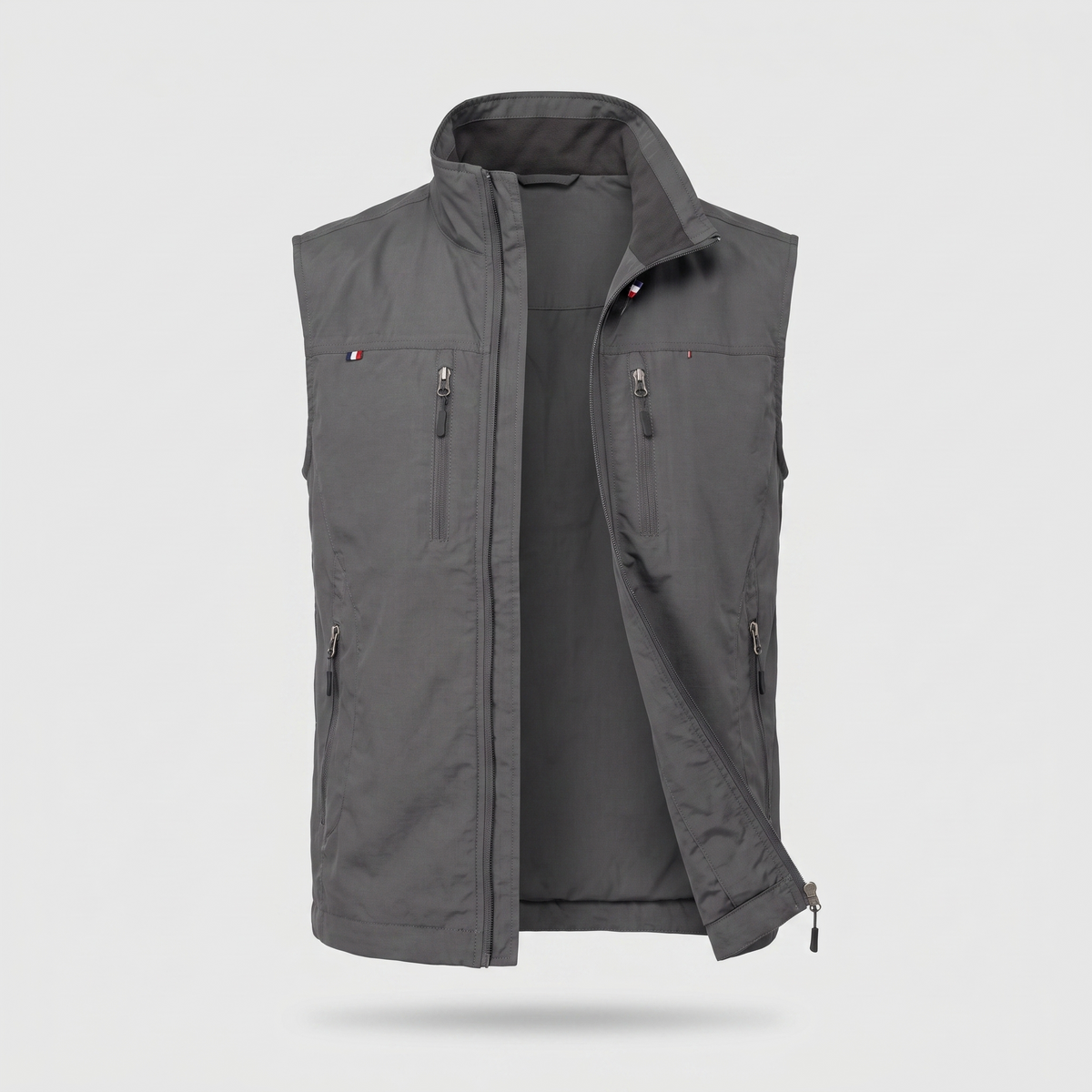 Men's lightweight outdoor vest in grey, ghost mannequin front