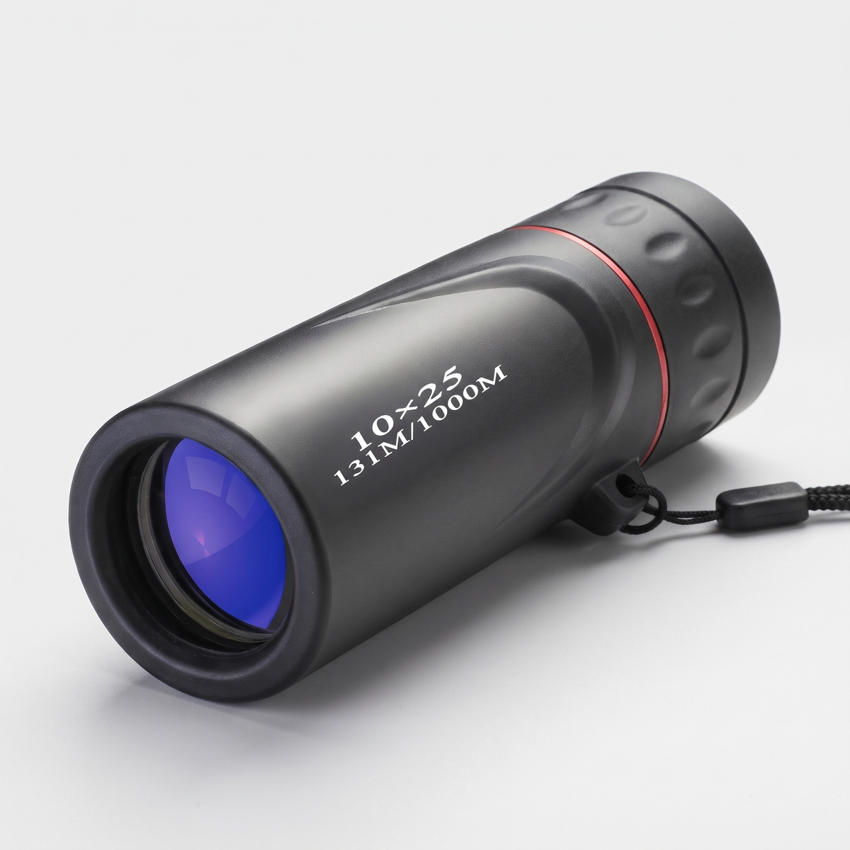 10x25 compact monocular, three quarter view