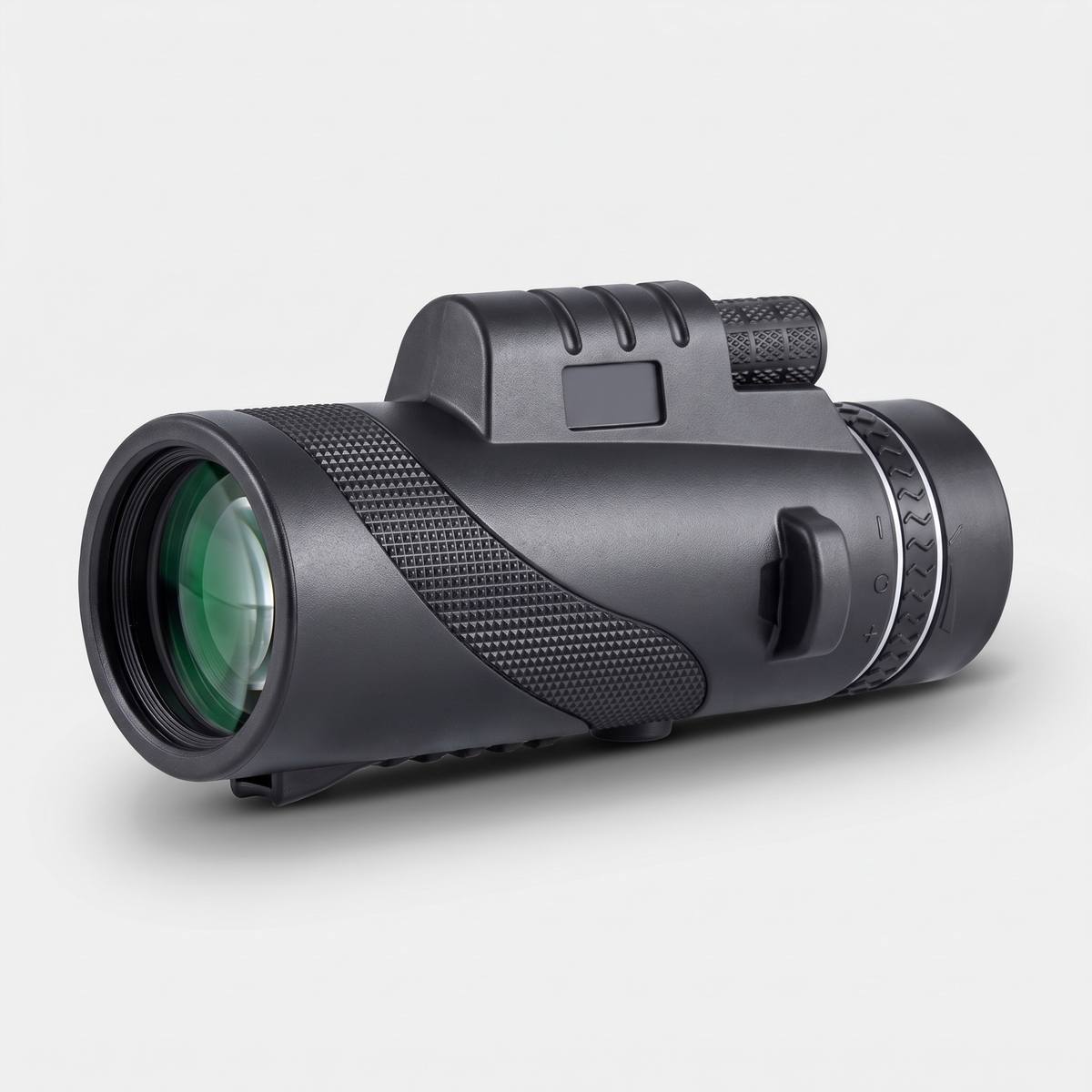 10x50 monocular, three quarter view showing the 50 mm objective lens
