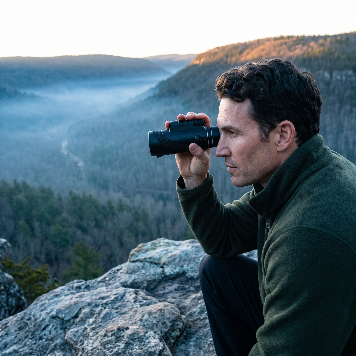 A man using the 10x50 monocular on a ridge above a forested valley at first light
