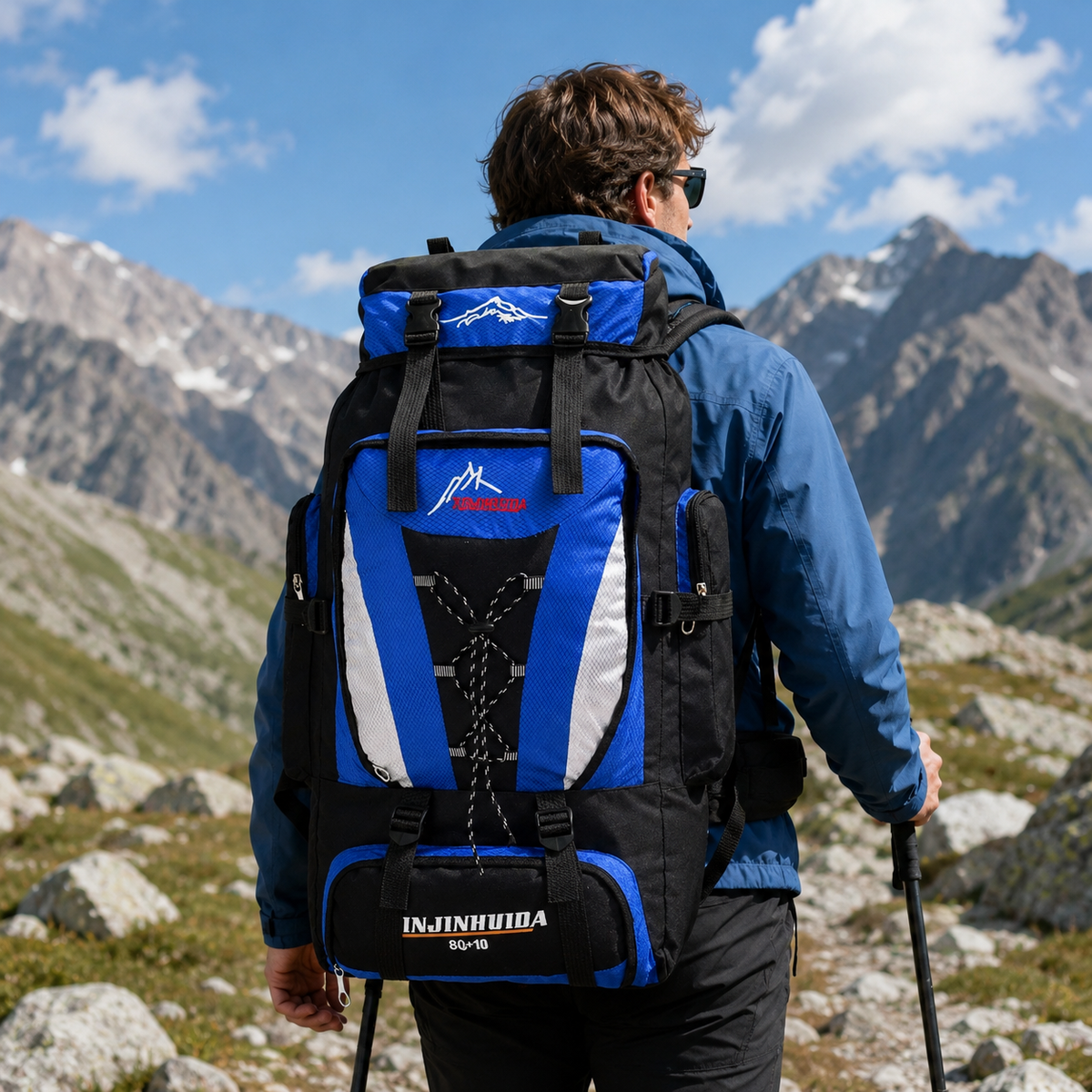 Hiker in the mountains carrying the 80L hiking rucksack in Blue