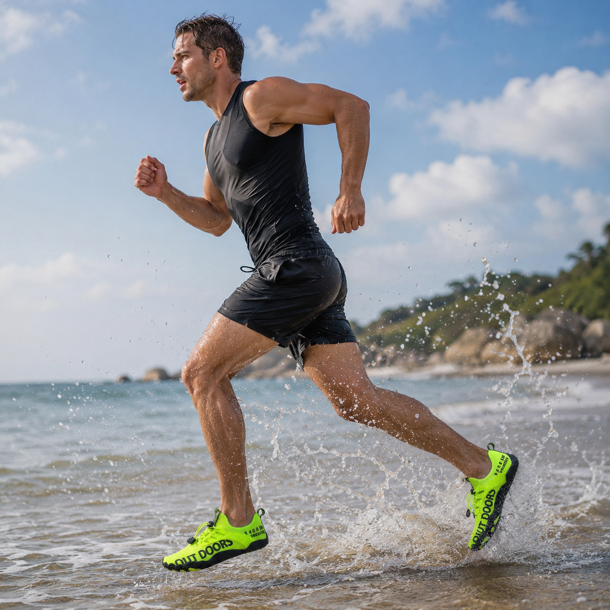 Man running through the surf wearing the barefoot reef shoes in Neon Green