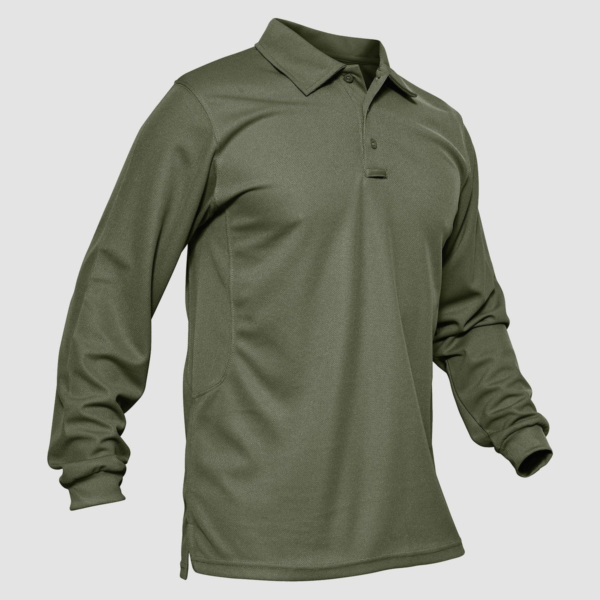 Men's long sleeve polo in Army Green, front view