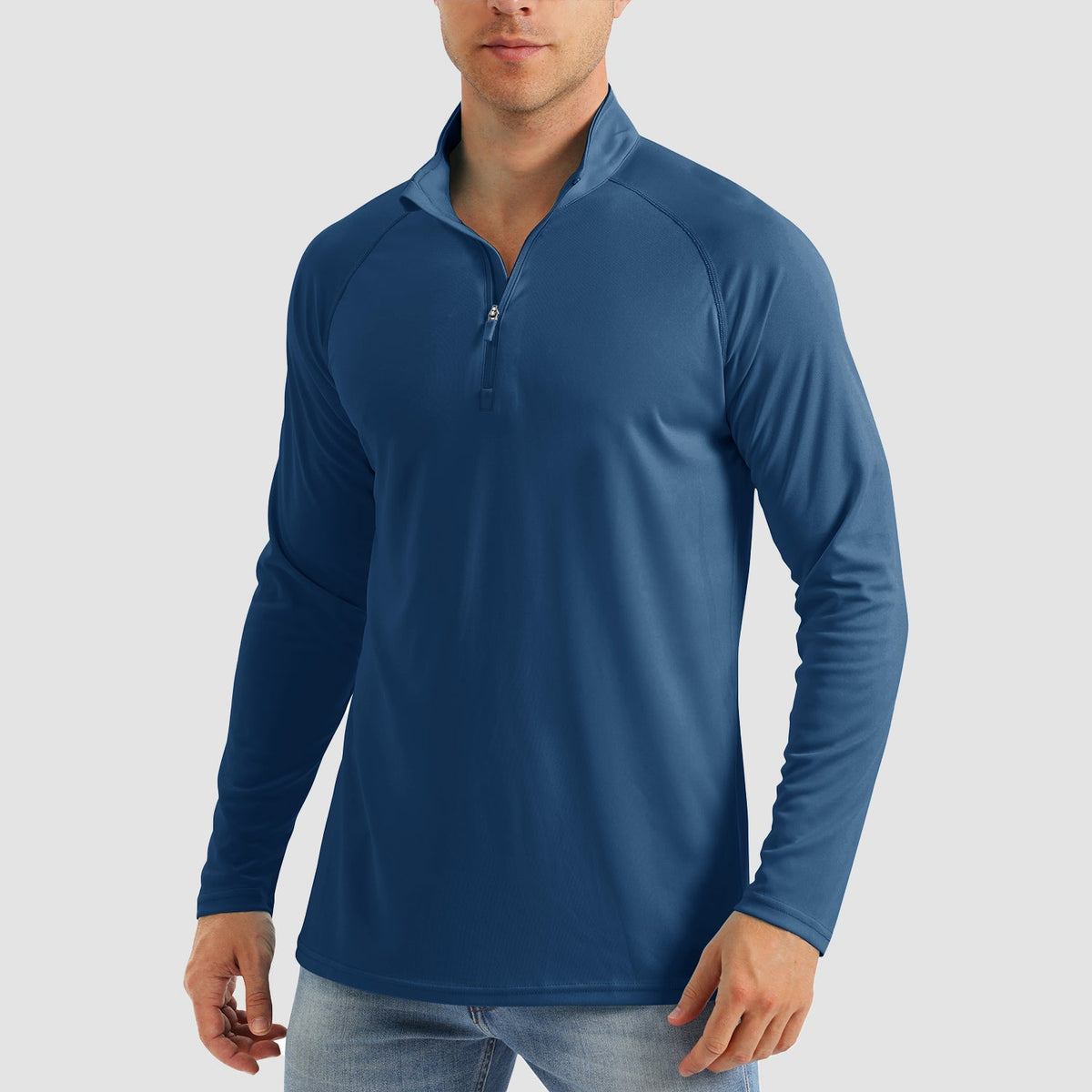 Men's quarter zip fishing shirt in Blue Grey, front view