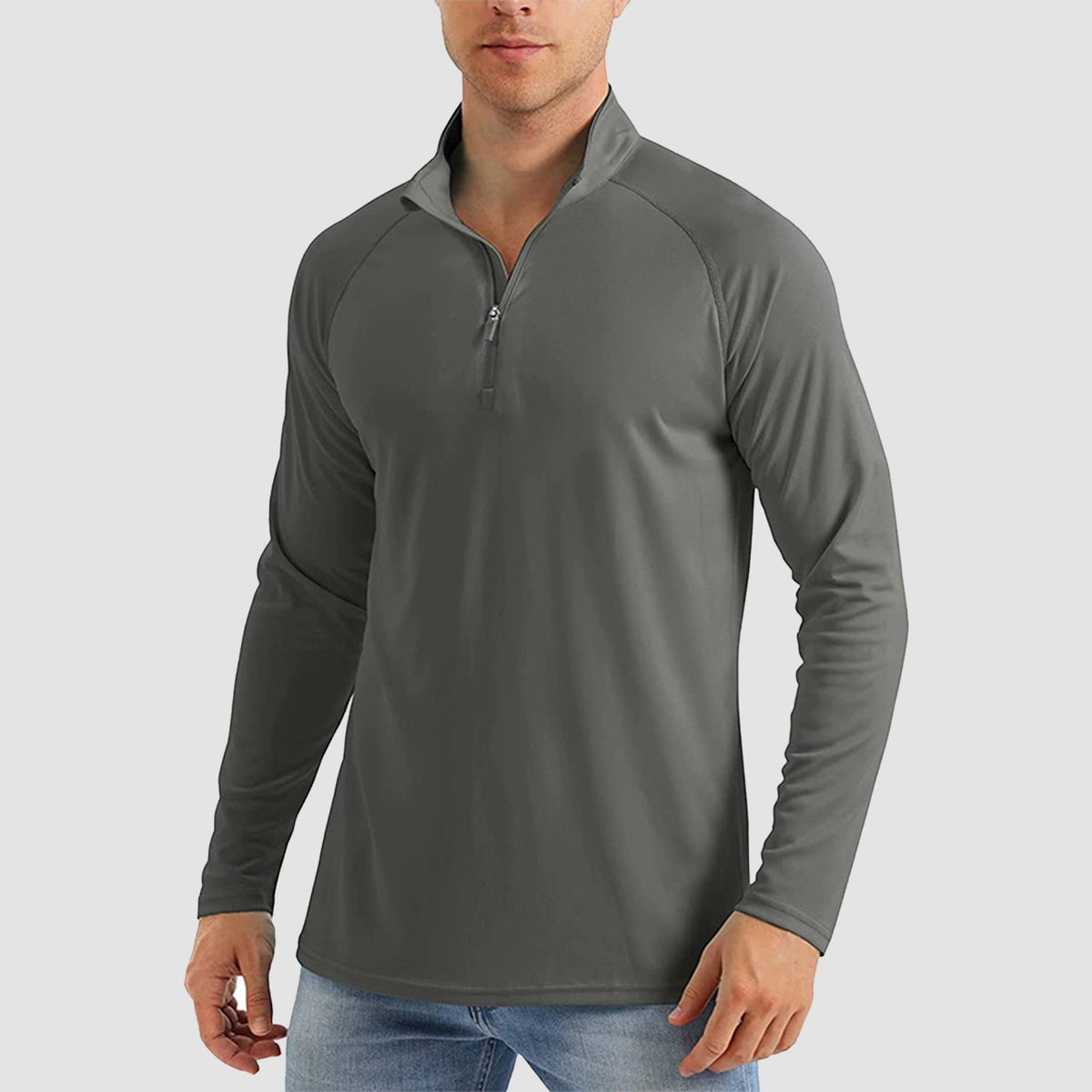 Men's quarter zip fishing shirt in Dark Grey, front view