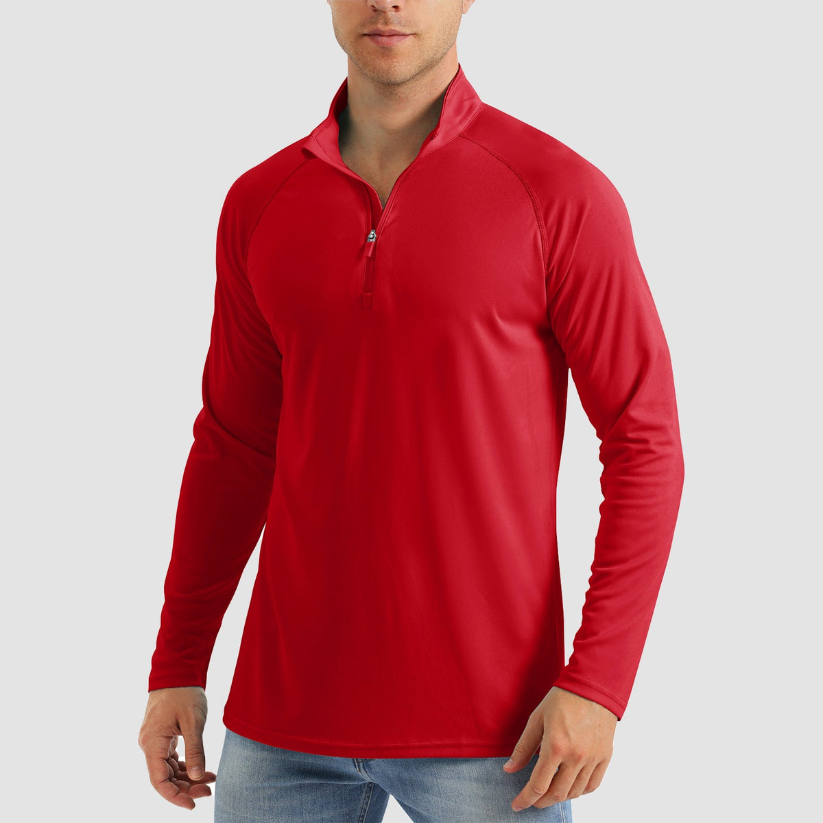 Men's quarter zip fishing shirt in Red, front view