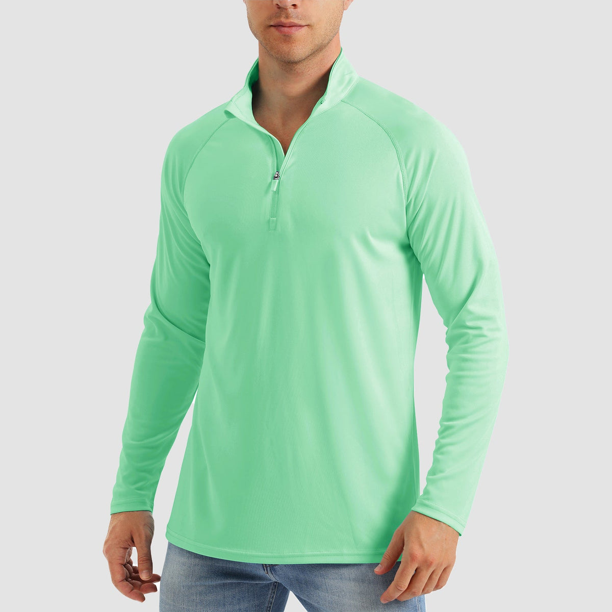 Men's quarter zip fishing shirt in Mint, front view