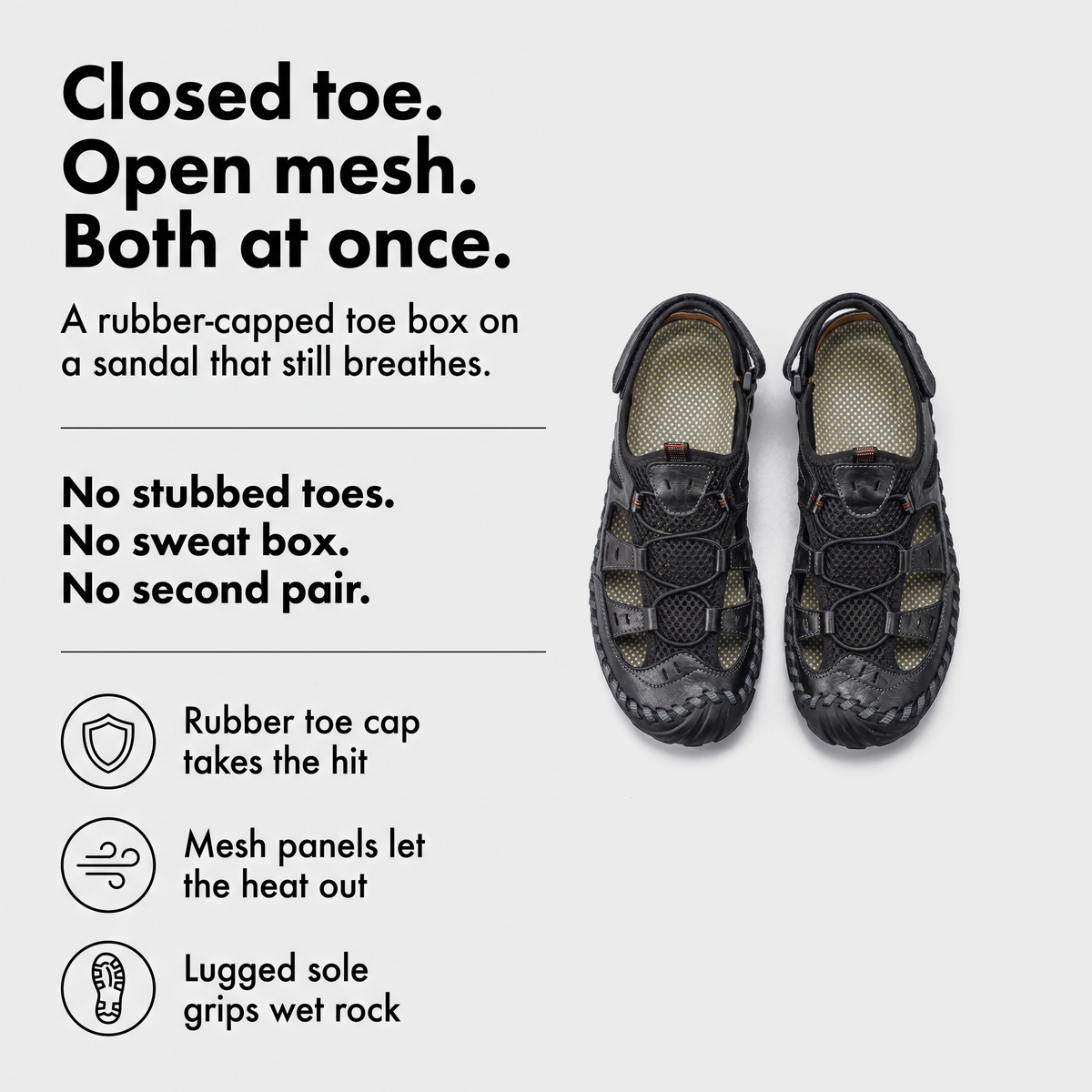 How it works: closed toe, open mesh, lugged outsole