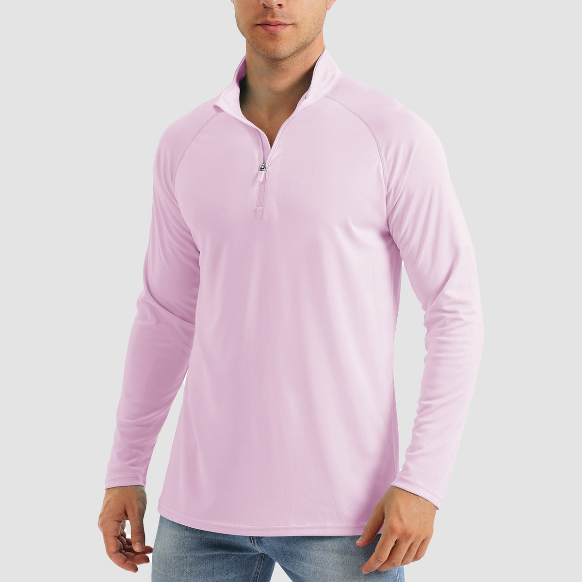Men's quarter zip fishing shirt in Light Pink, front view