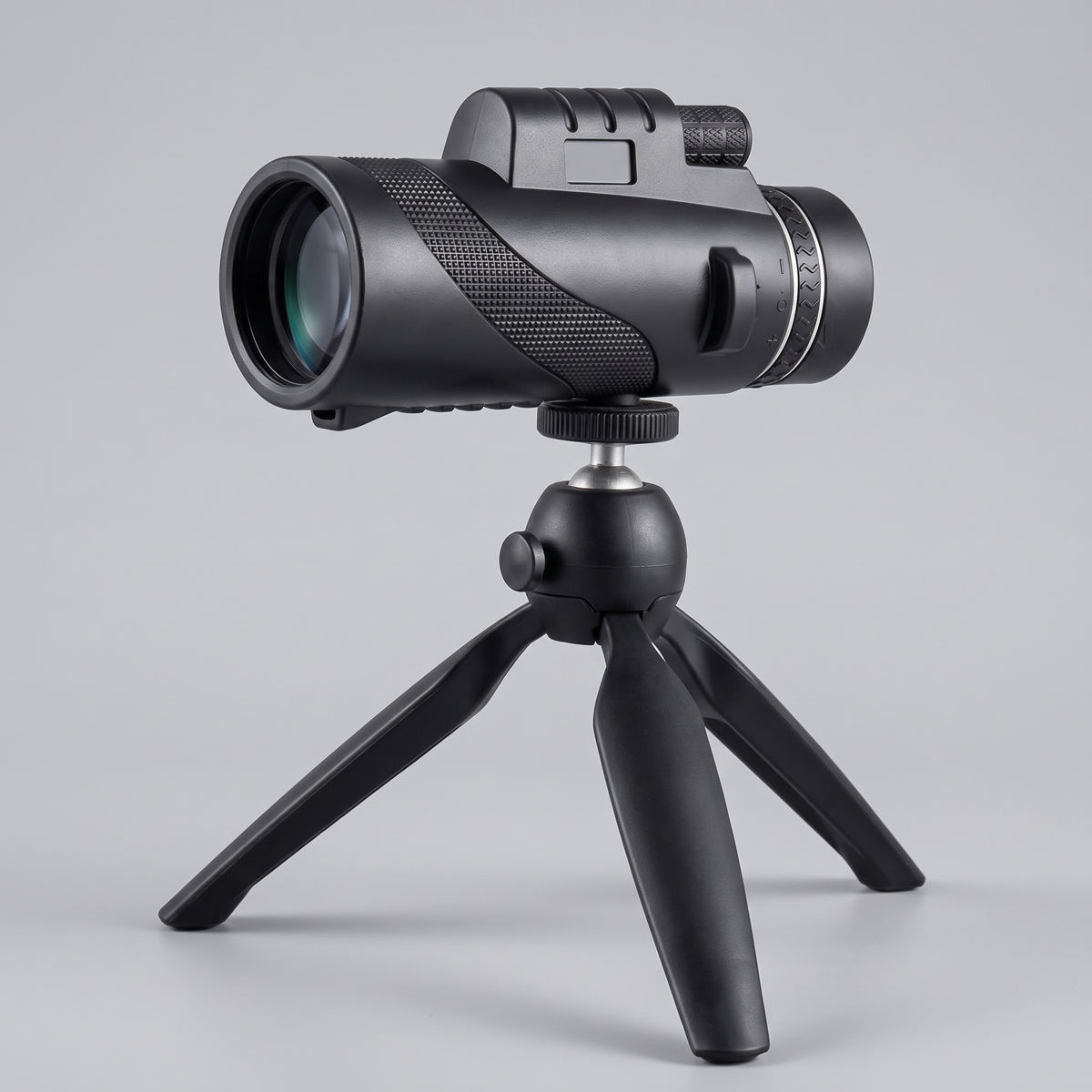 The 10x50 monocular mounted on the folding tabletop tripod that comes in the box
