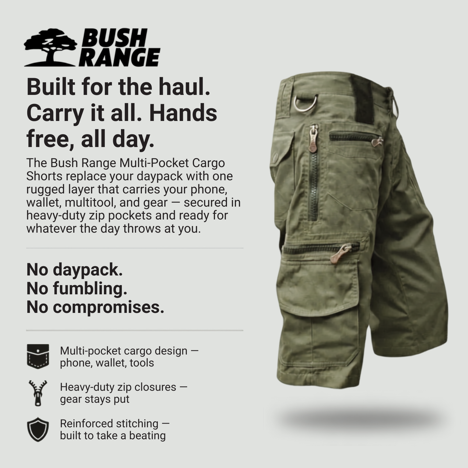 Men’s Outdoor Cargo Shorts – Zip Pockets for Hiking and Fishing