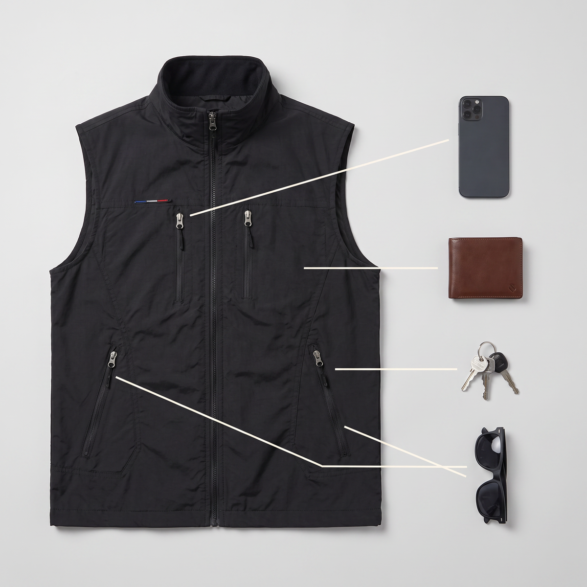 What the four zipped pockets hold: phone, wallet, keys and sunglasses