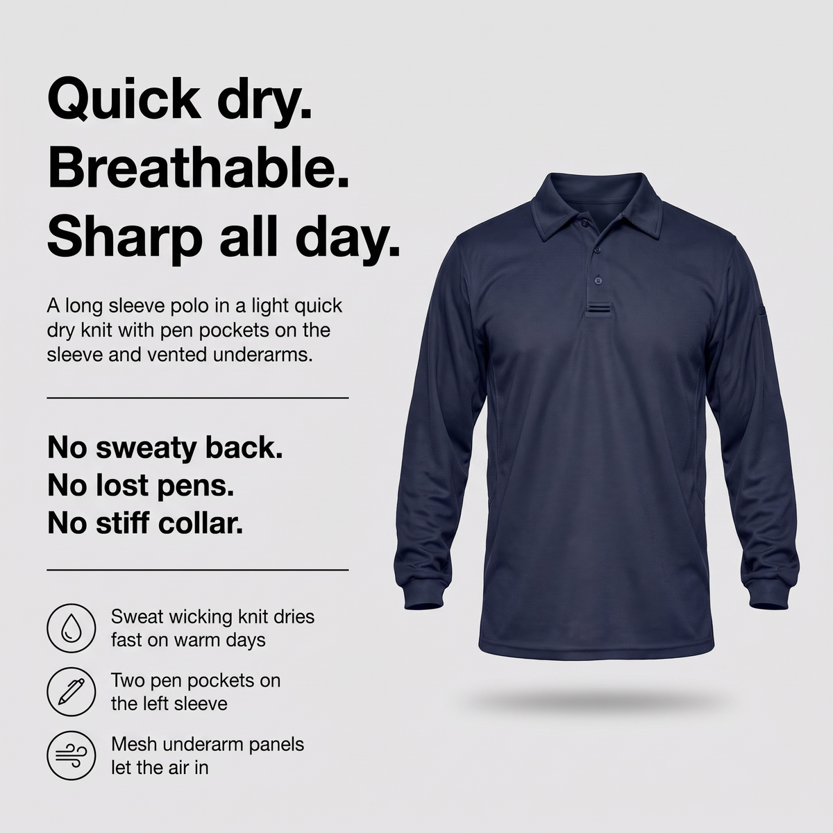 Men's long sleeve polo with quick dry knit, sleeve pen pockets and mesh underarm panels