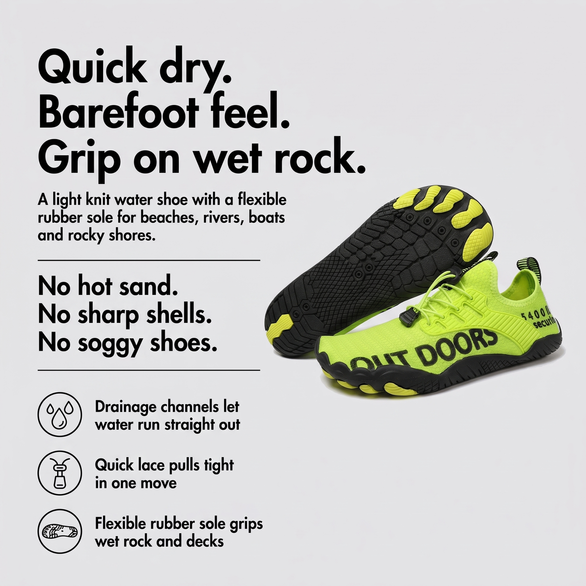 Barefoot reef shoes with drainage channels, quick lace and flexible grip sole