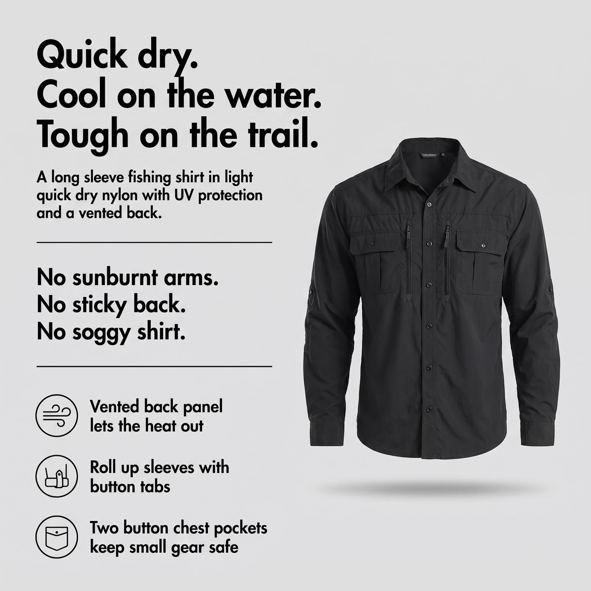 Men's long sleeve hiking shirt with quick dry nylon, vented back and roll up sleeves