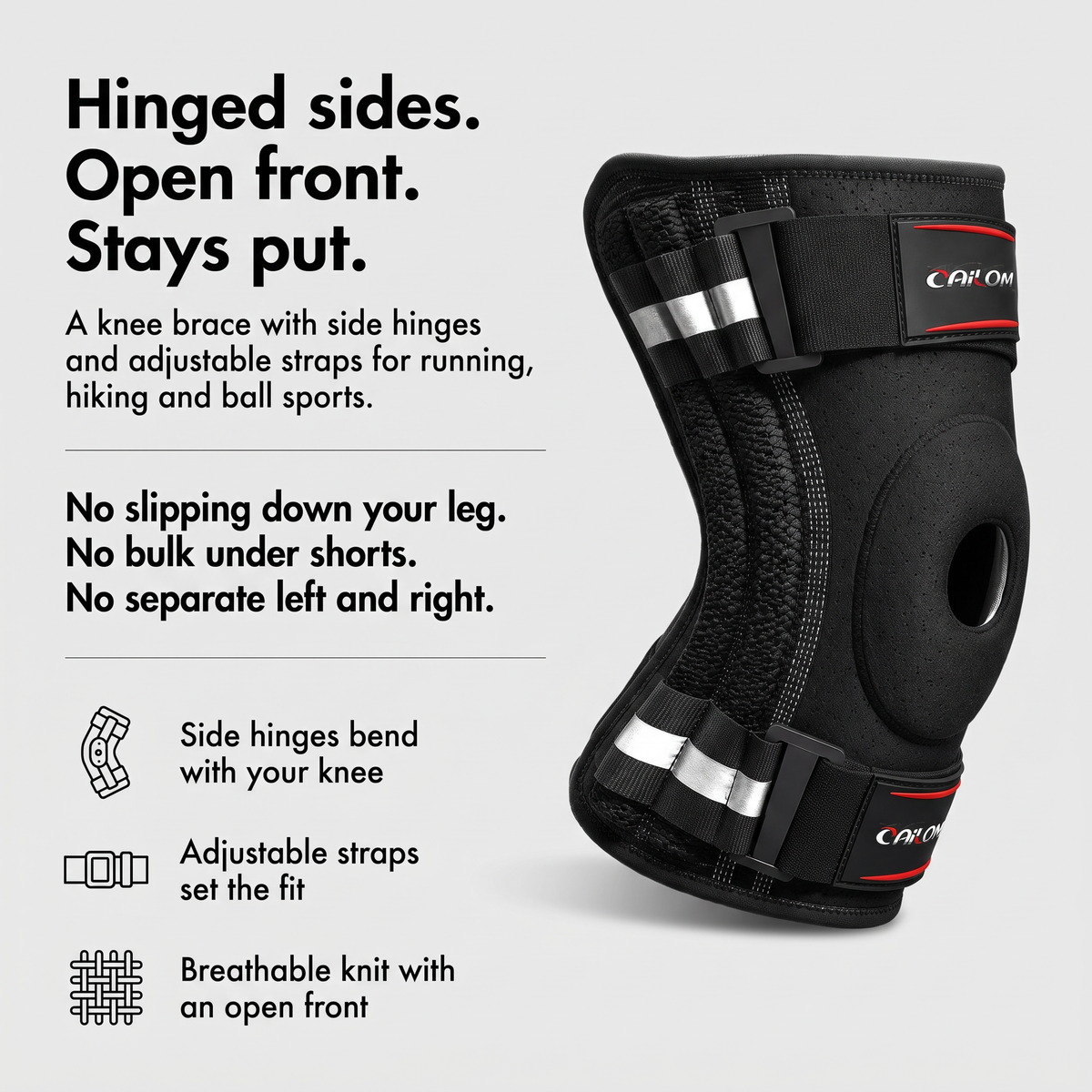 Hinged knee support with side hinges, adjustable straps and open front