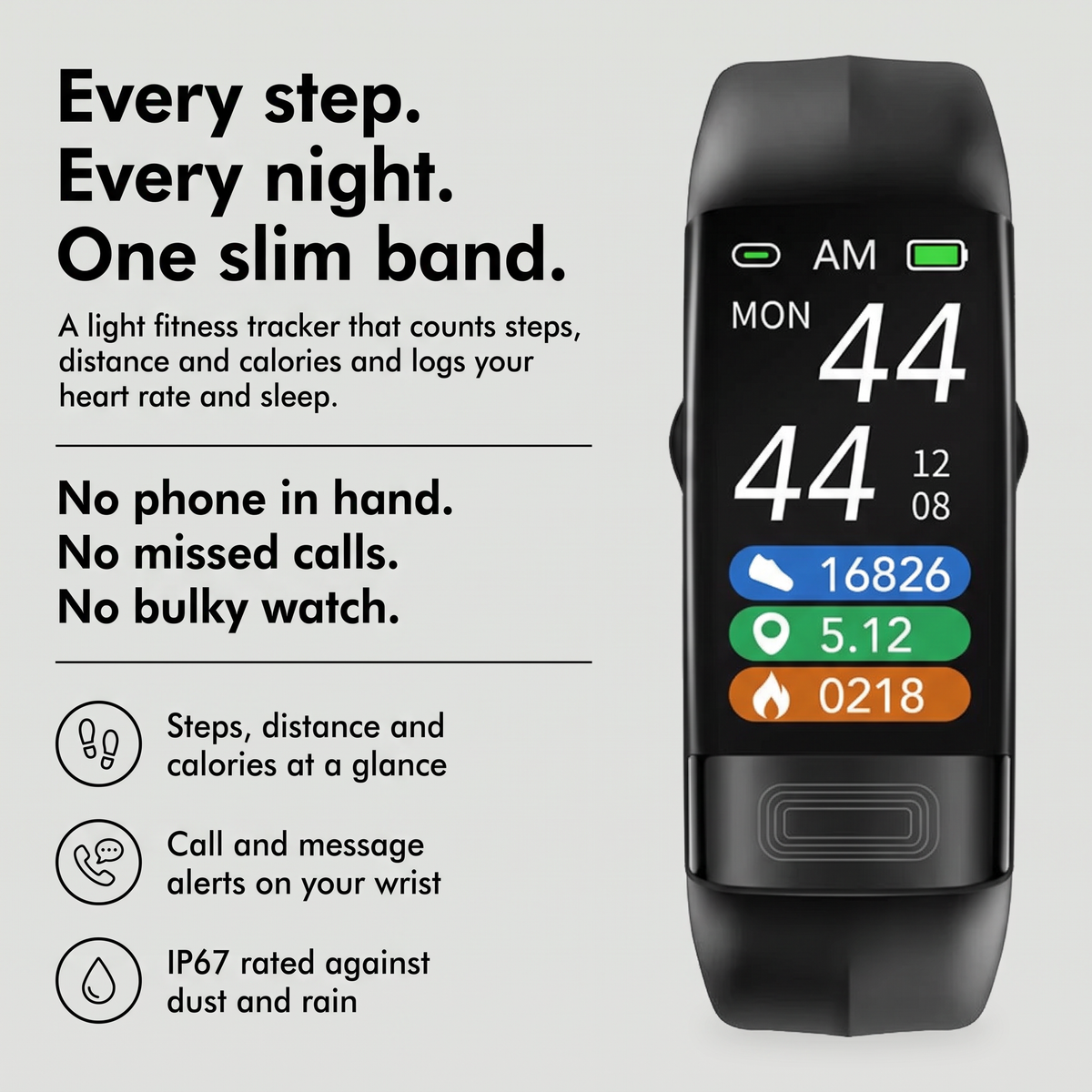 Slim smart watch fitness tracker with step counter, call alerts and IP67 rating