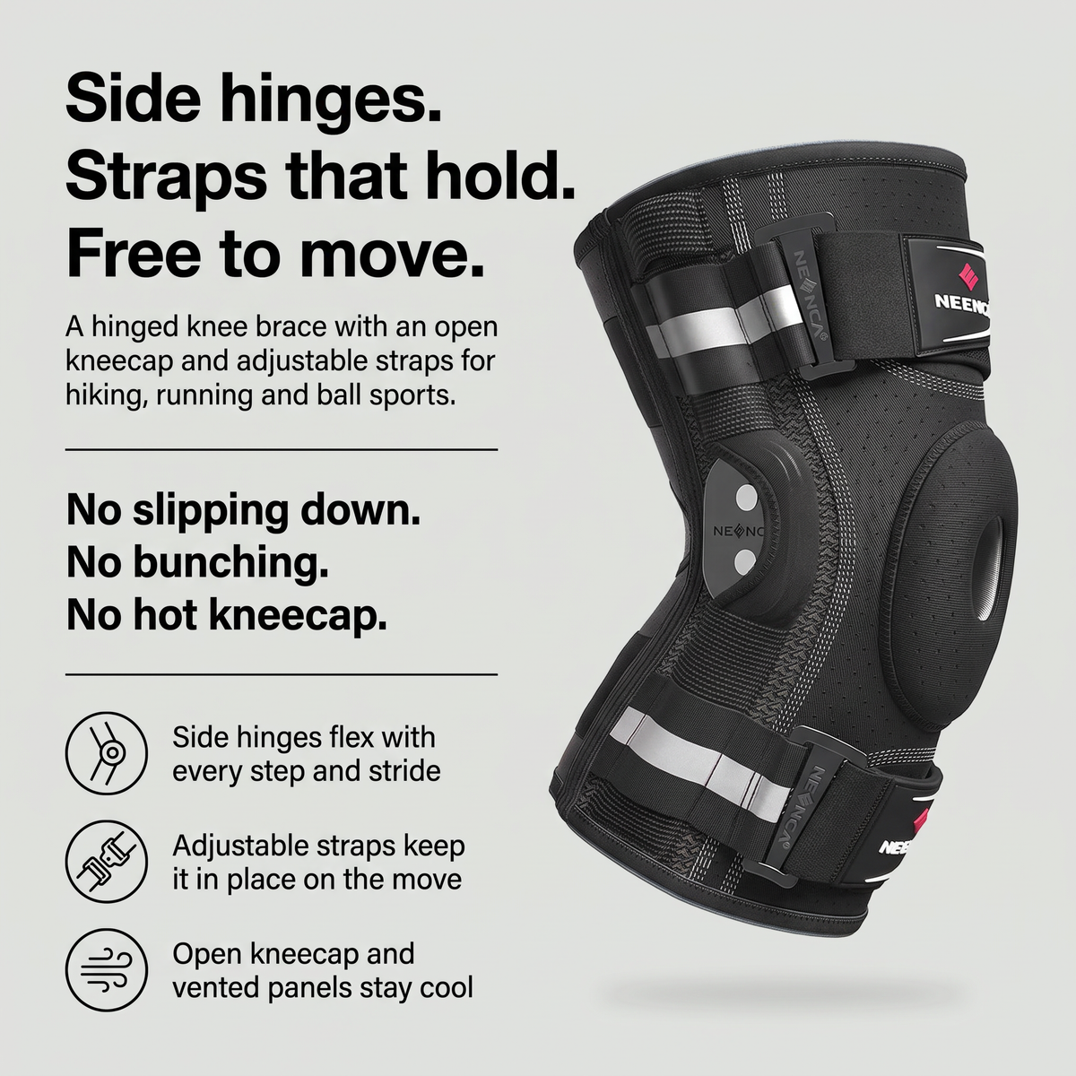 Hinged knee support with side hinges, adjustable straps and open kneecap