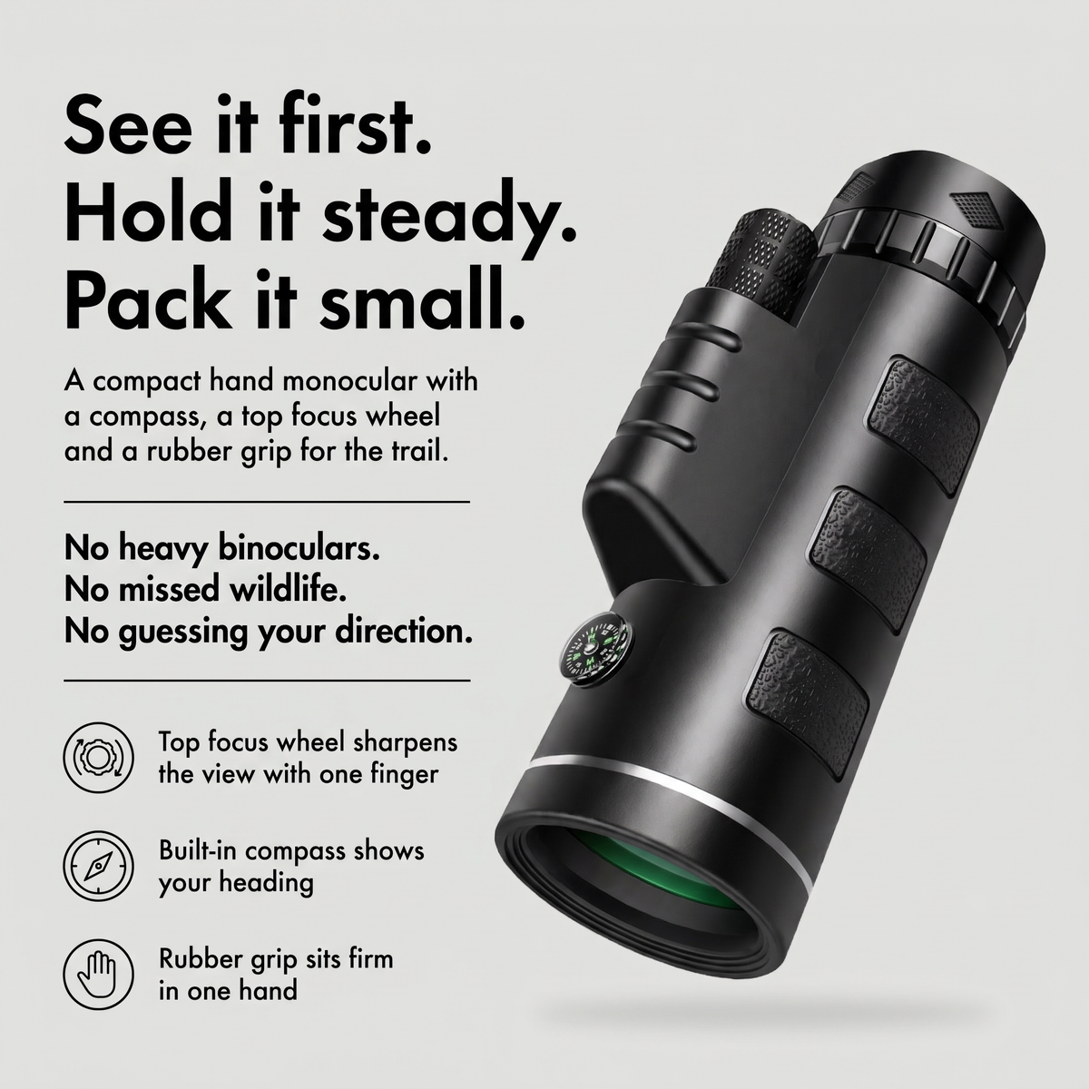 Compact monocular with top focus wheel, built-in compass and rubber grip