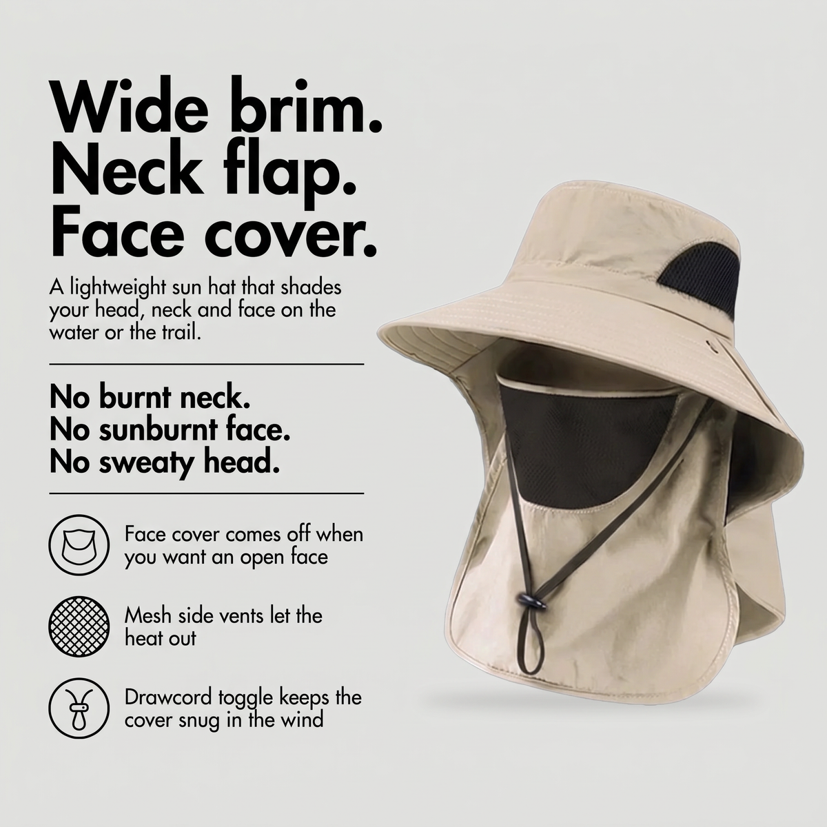 Fishing hat with wide brim, neck flap, removable face cover and mesh vents