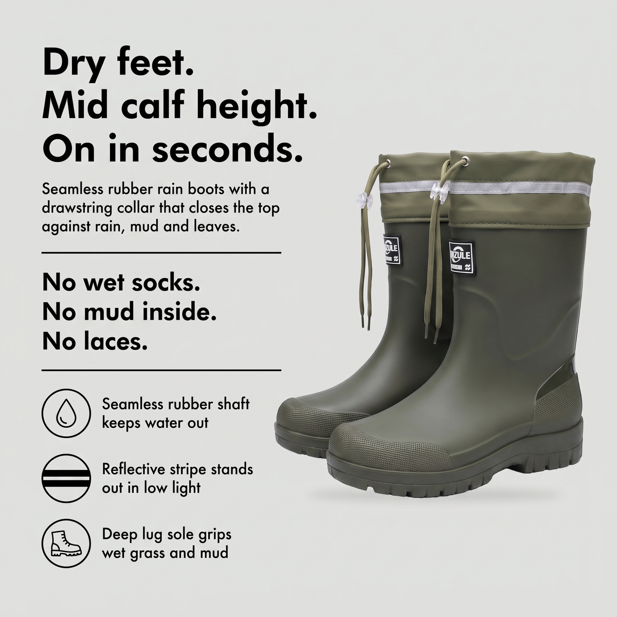 Men's gumboots with seamless rubber shaft, reflective stripe and deep lug sole