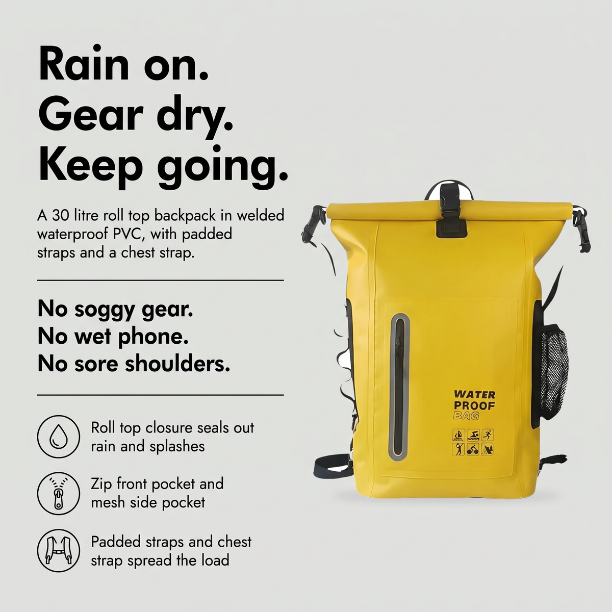 Waterproof roll top backpack with zip front pocket, mesh side pocket and padded straps