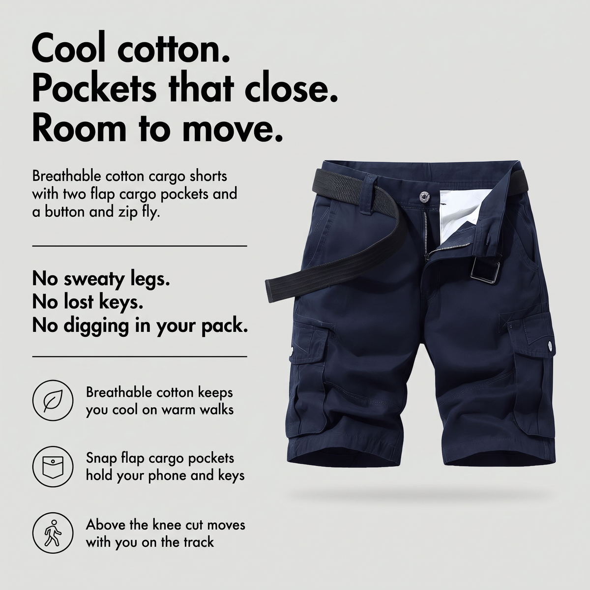 Men's cotton hiking shorts with snap flap cargo pockets and button and zip fly