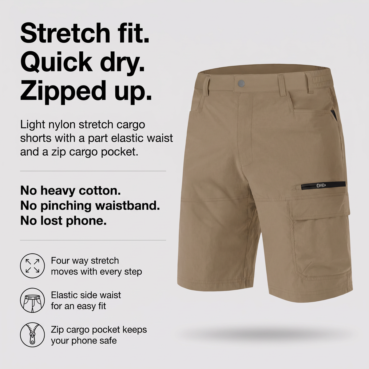 Men's quick dry stretch cargo shorts with elastic side waist and zip cargo pocket