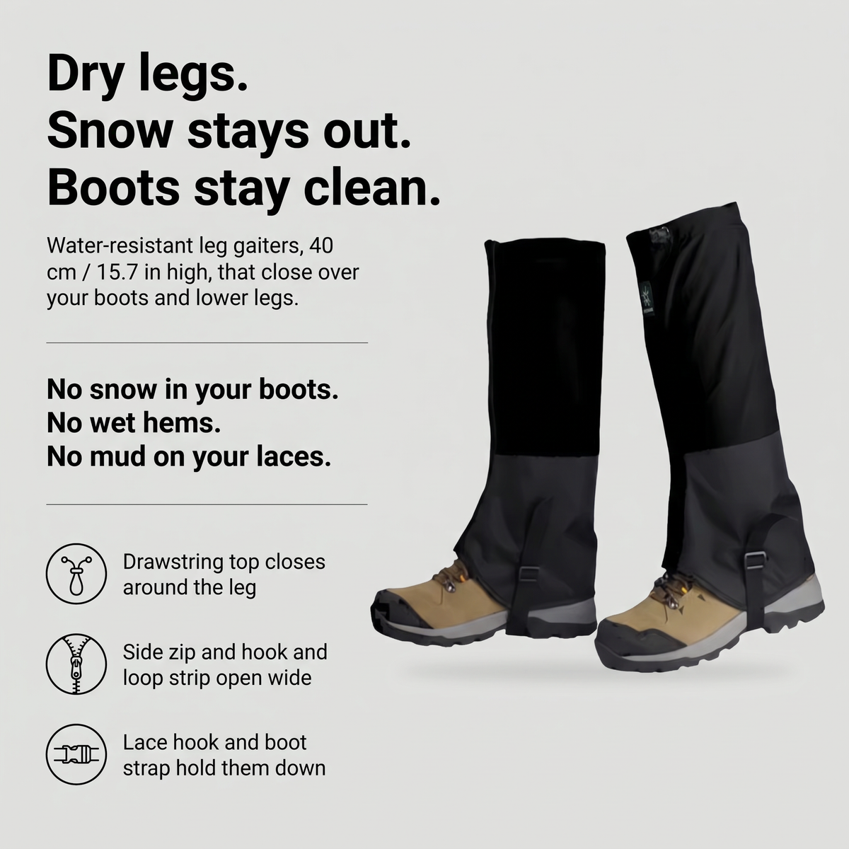 Water-resistant hiking gaiters with drawstring top, side zip, lace hook and boot strap