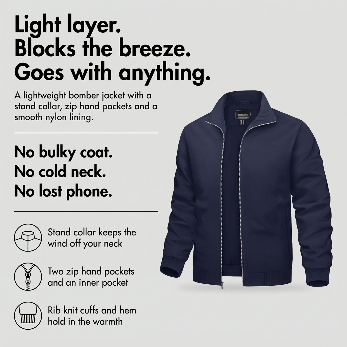 Men's lightweight bomber jacket with stand collar, zip hand pockets and rib knit cuffs