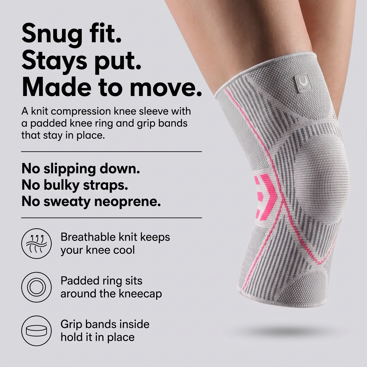 Knit compression knee sleeve with padded knee ring and grip bands
