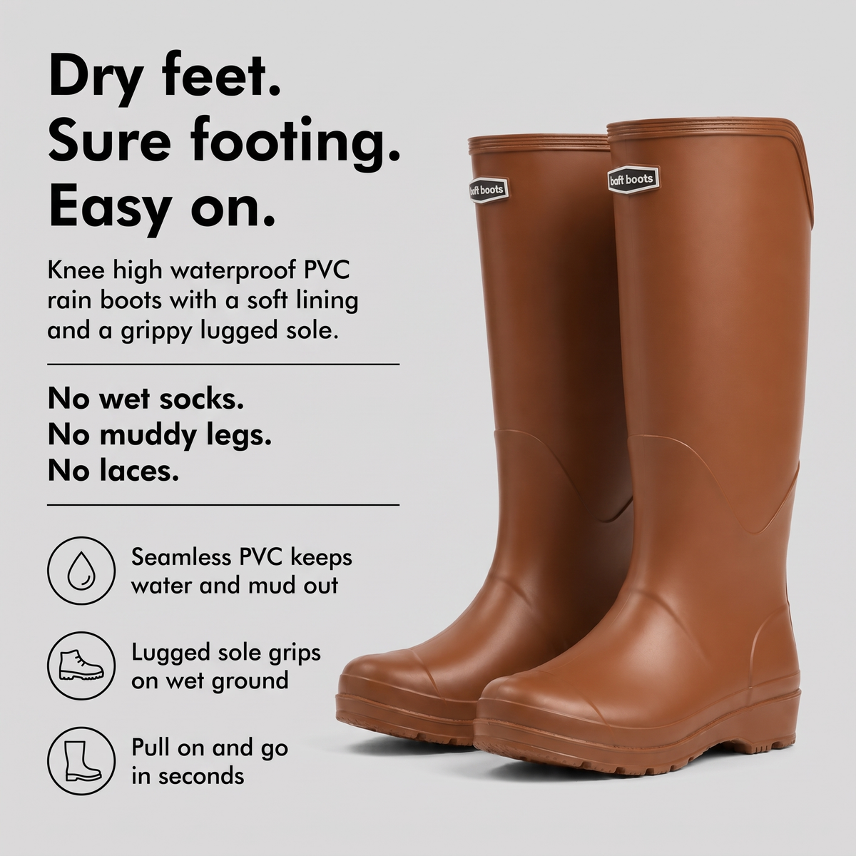 Women's knee high waterproof PVC gumboots with soft lining and lugged grip sole