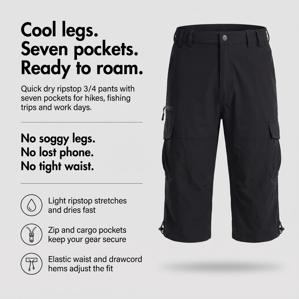 Men's 3/4 pants in quick dry ripstop with seven pockets and drawcord hems