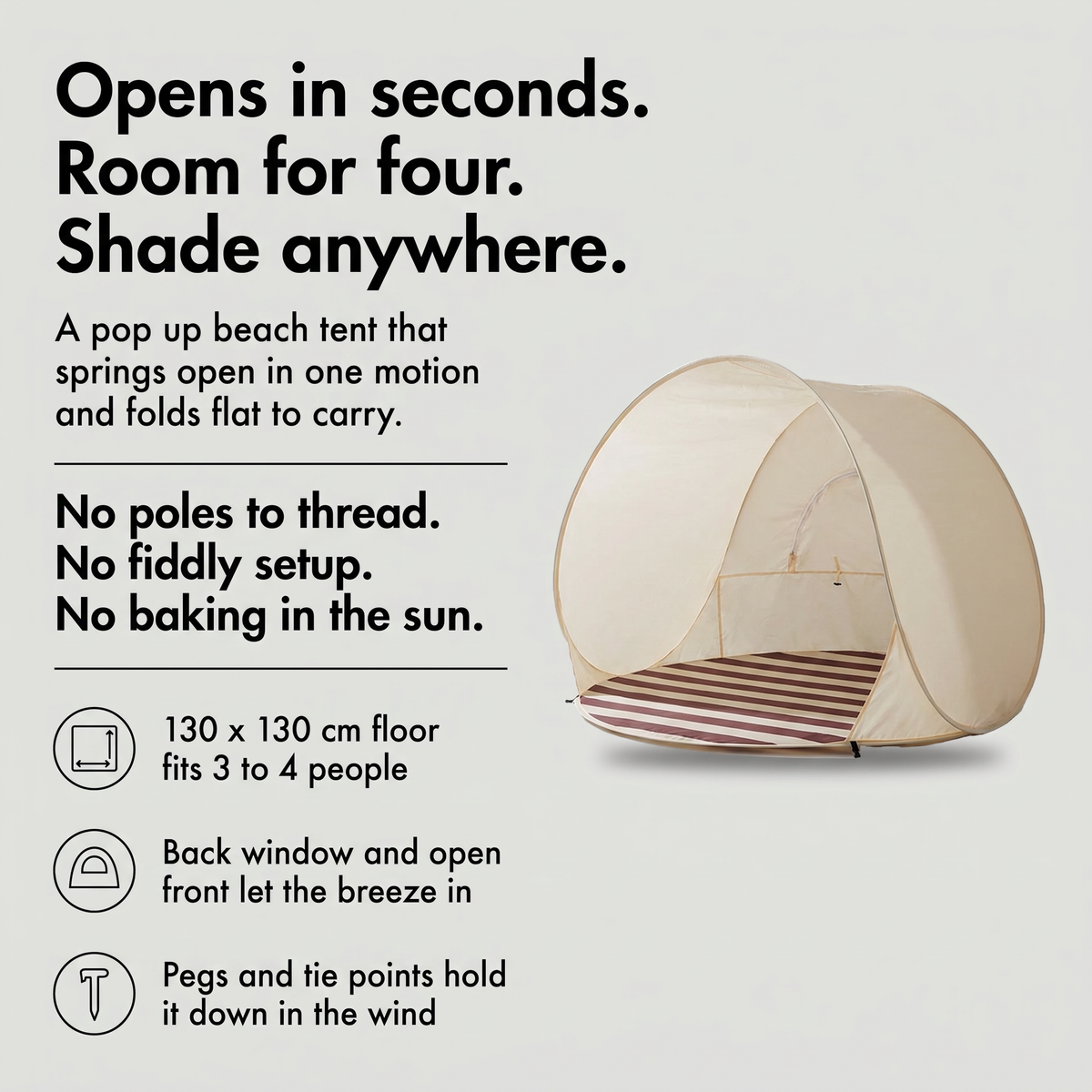 Pop up beach tent that opens in seconds with a 130 x 130 cm floor for 3 to 4 people