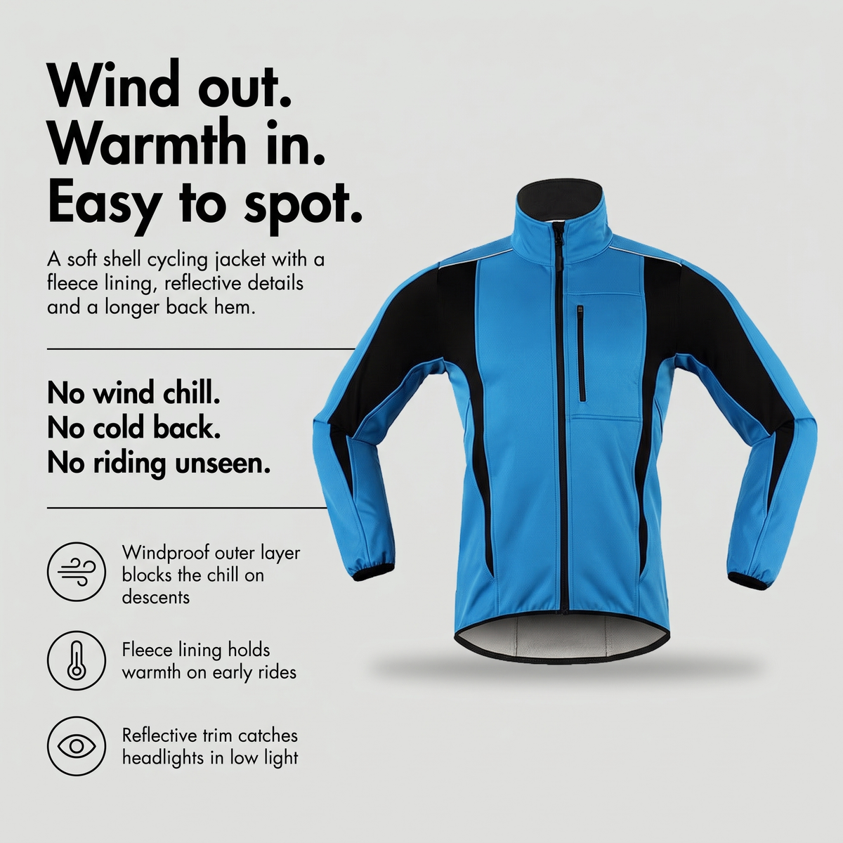 Men's cycling jacket with windproof outer, fleece lining and reflective trim