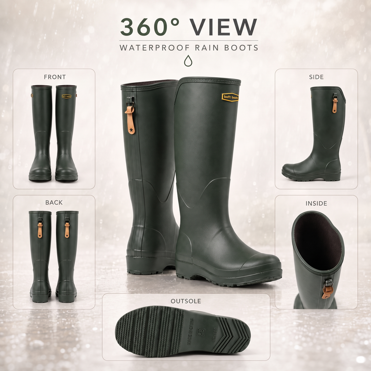 Knee high gumboots from the front, side, back, inside and outsole