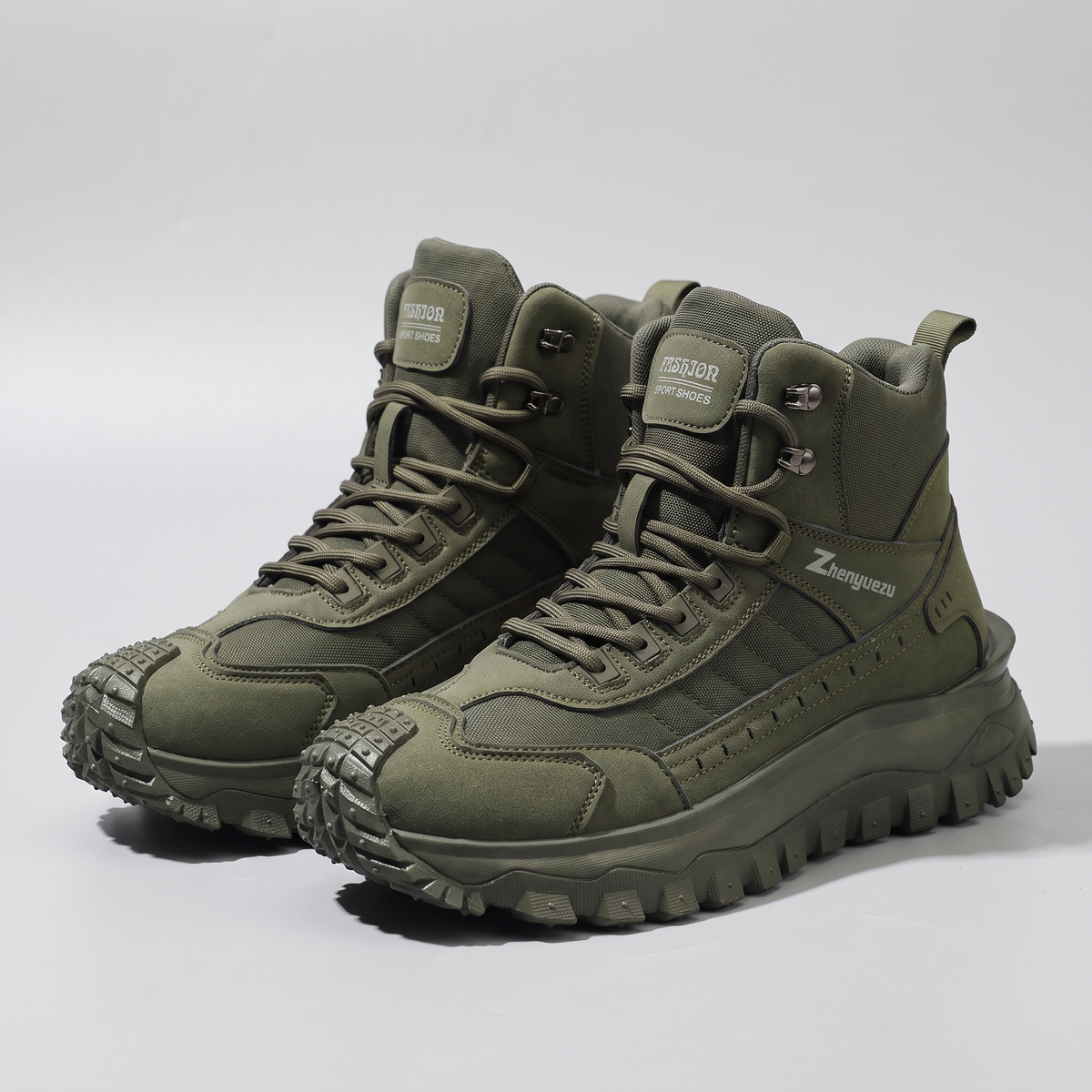 Men's high top hiking boots - Army Green - pair, three-quarter front view