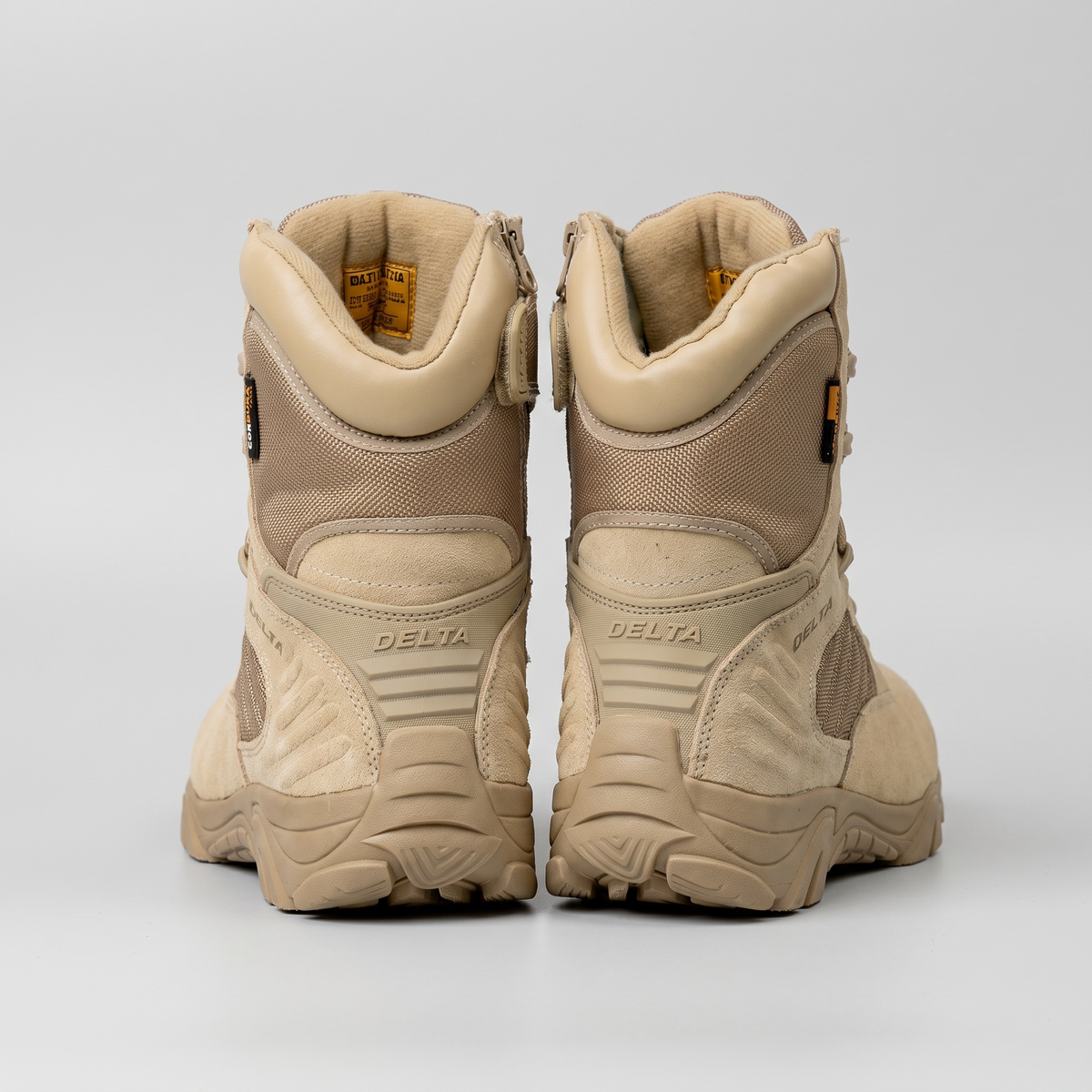 Tactical hiking boots - Khaki - back view with padded collar and heel