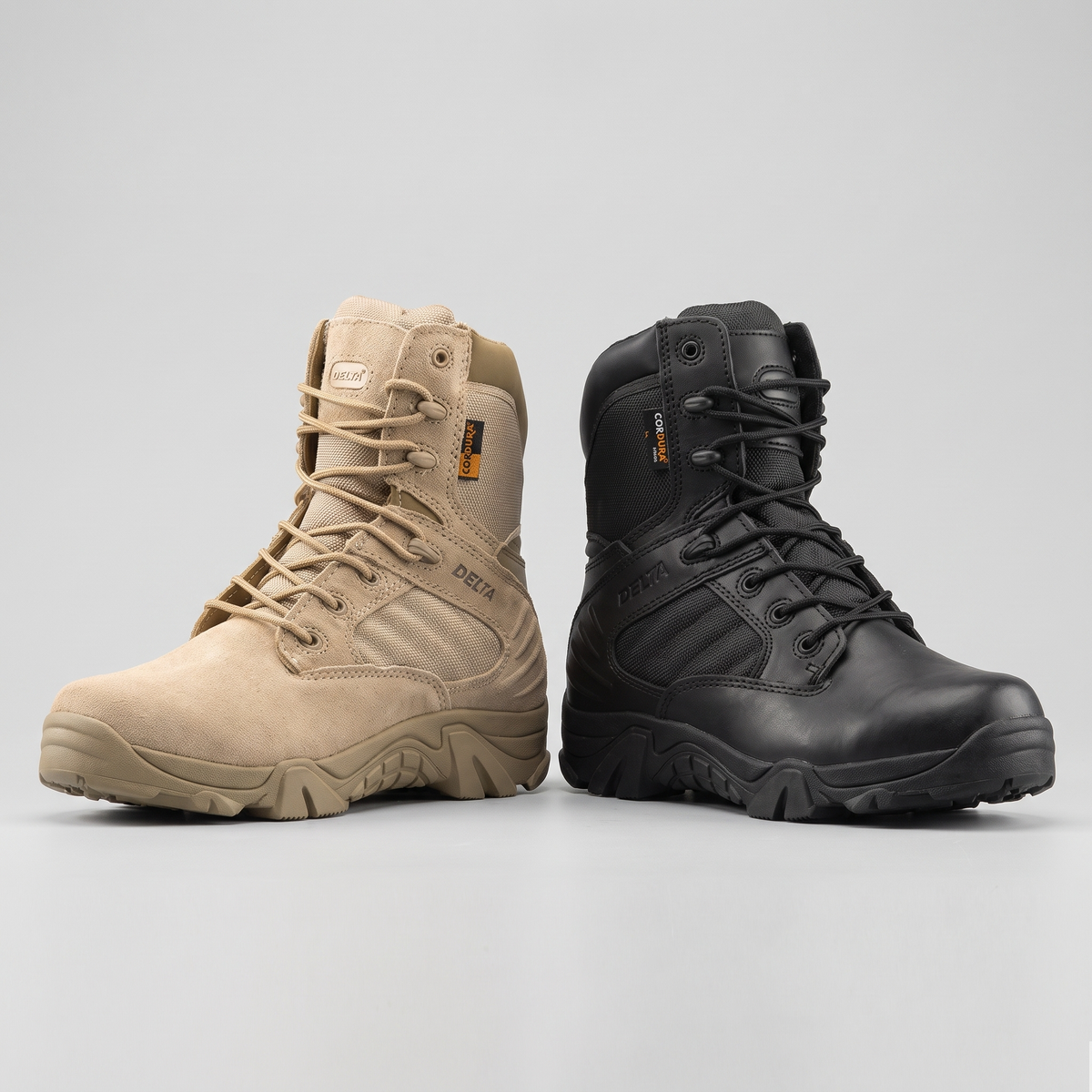 Tactical hiking boots - Khaki and Black side by side