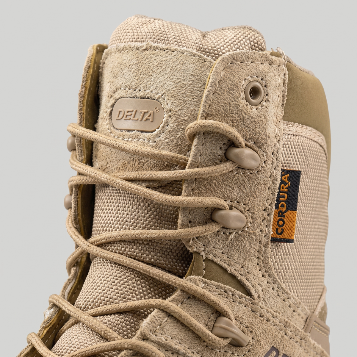 Tactical hiking boot - Khaki - lacing hardware and padded collar close-up