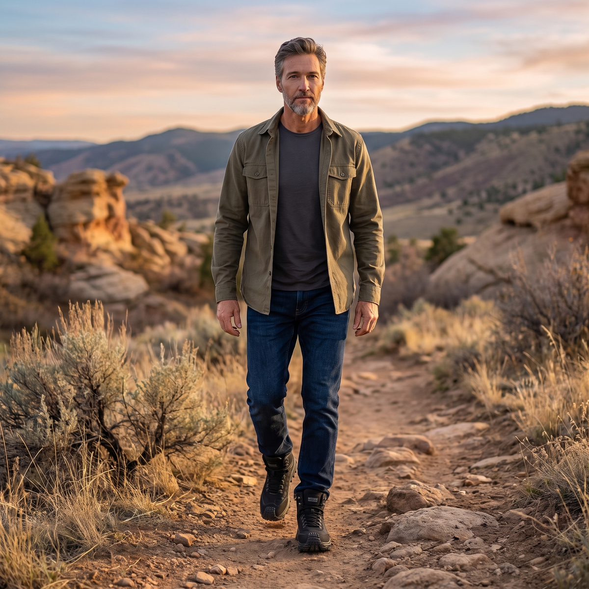 Man walking a Colourado foothills trail in Black hiking boots