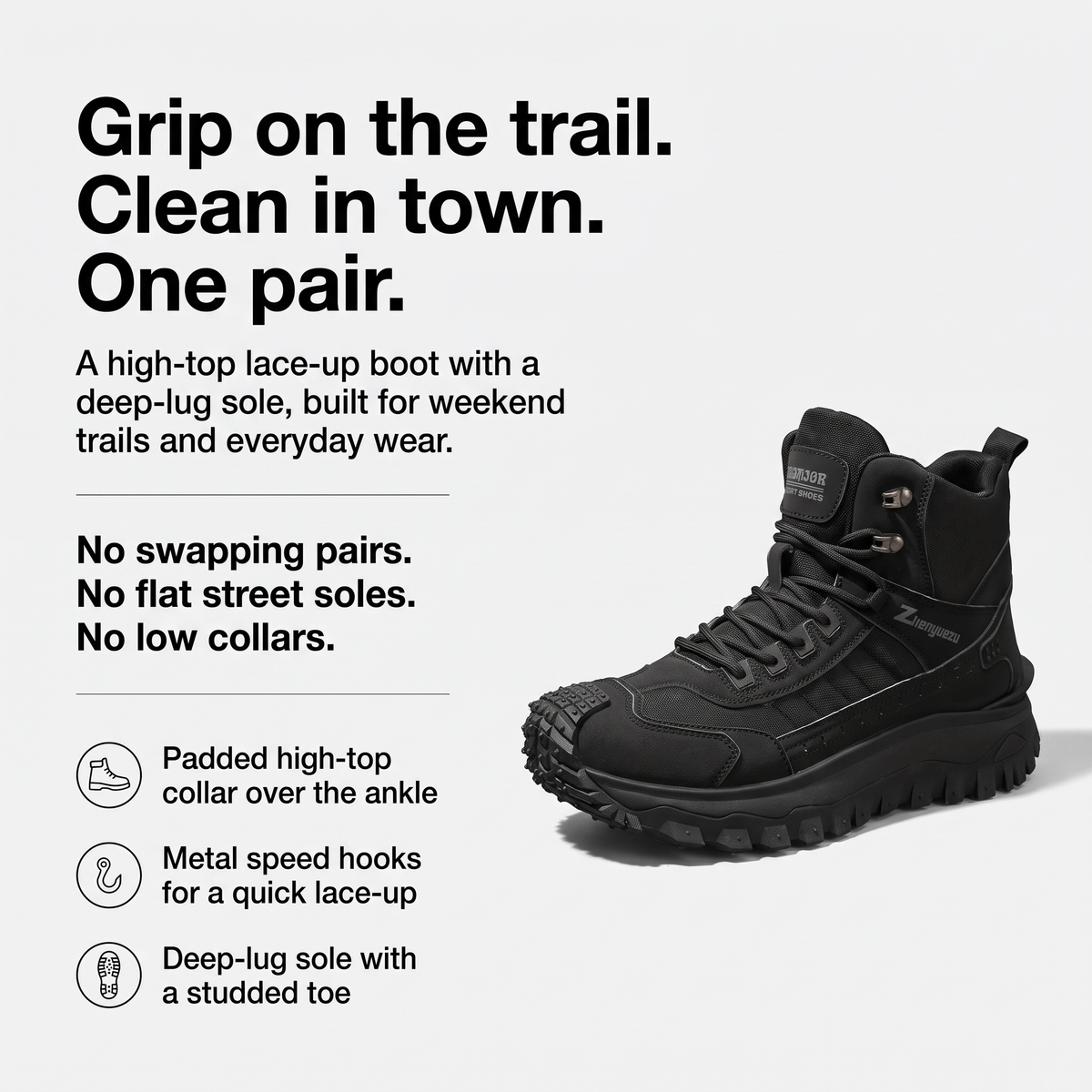 Hiking boot features - padded high-top collar, metal speed hooks, deep-lug sole