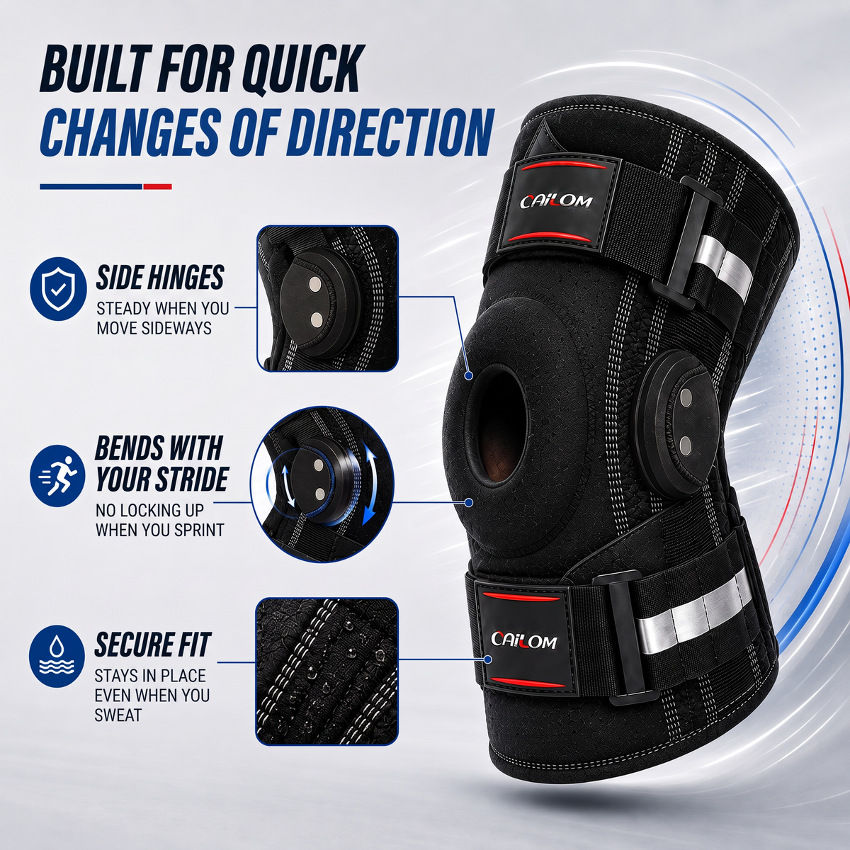 Hinged knee support details: side hinges, bends with your stride and a secure fit
