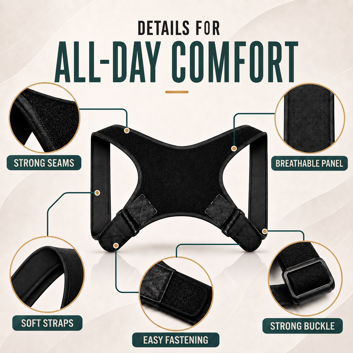Back and shoulder brace details: strong seams, breathable panel, soft straps, easy fastening and buckle