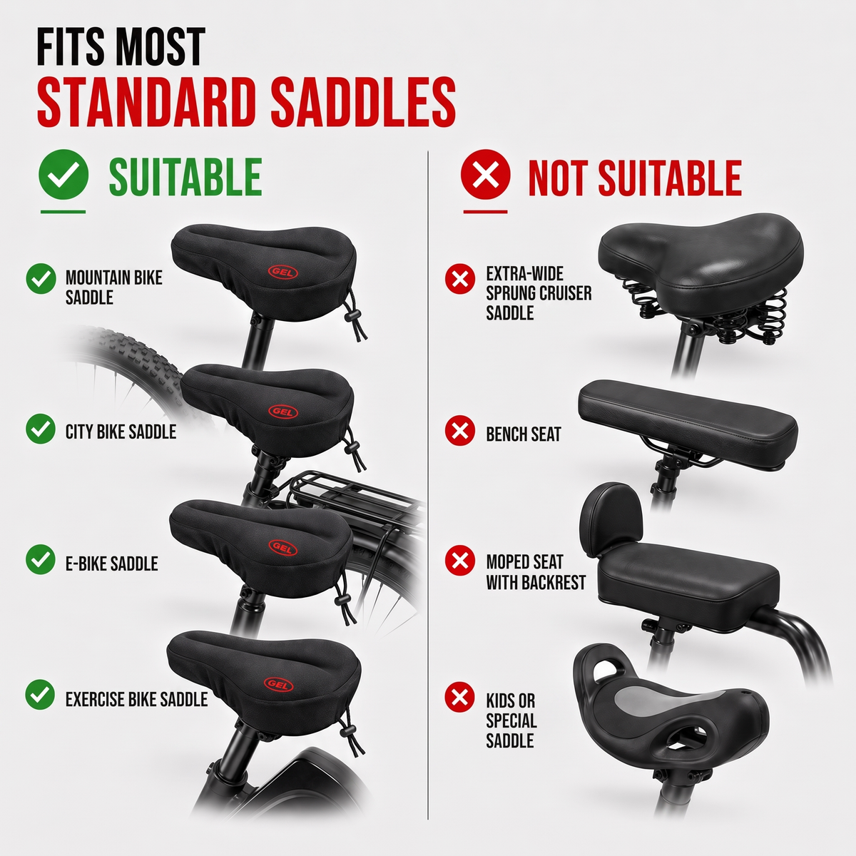 Saddle types the padded bike seat cover fits and does not fit
