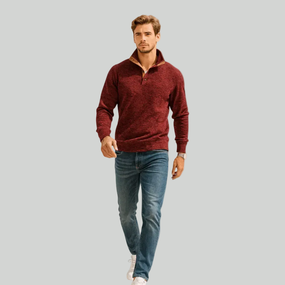 Men’s Knitted Outdoor Sweater – Stand Collar for Cold Weather Use